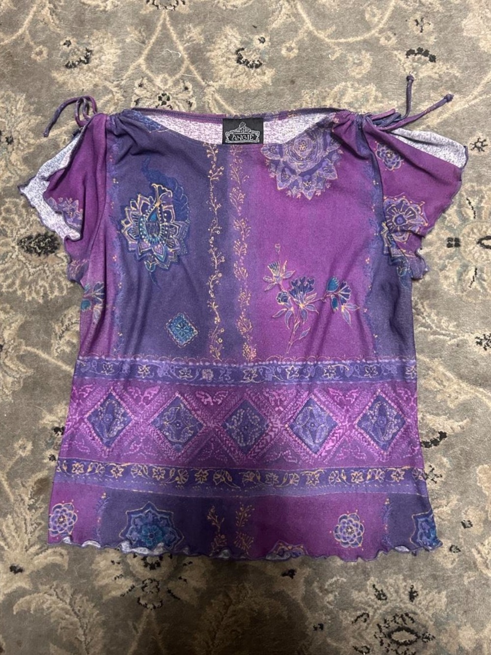Angie Purple Floral Tie-Shoulder Boho Blouse